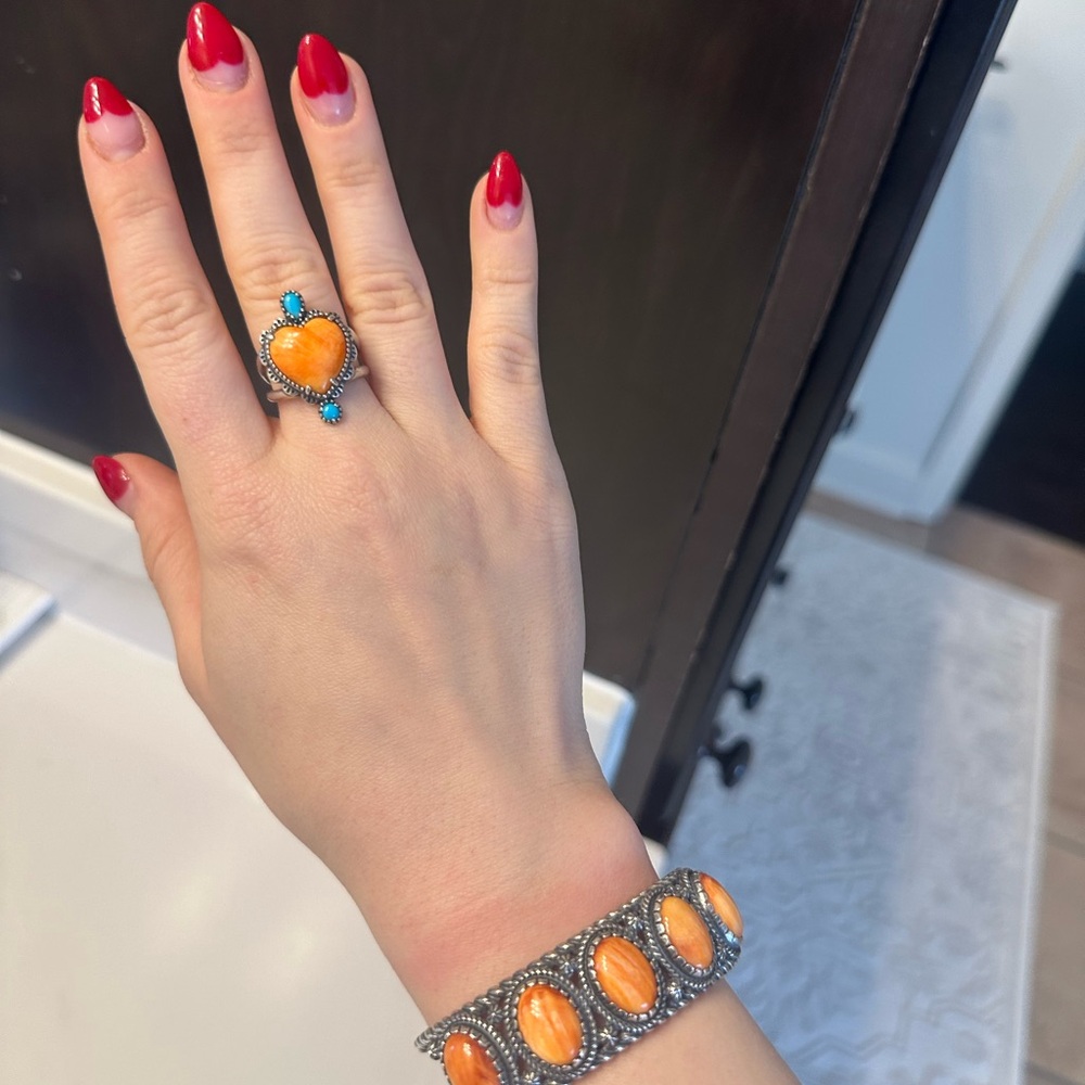 American West Orange Spiny Oyster and Turquoise Heart Ring Size 7 Sterling